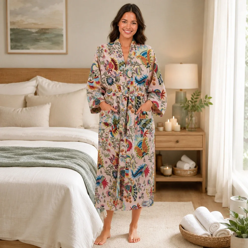 Pink Floral Kimono Robe One Size Boho Spa Lounge Cover Up Sleepwear Vacation